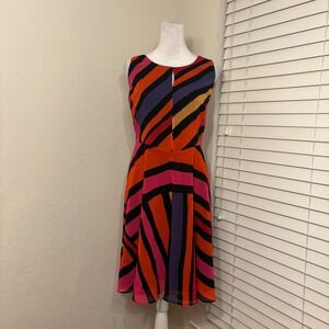 Cabi Fete Abstract Stripe Fit and Flare Dress Orange Pink Colorful Chiffon Sz M
